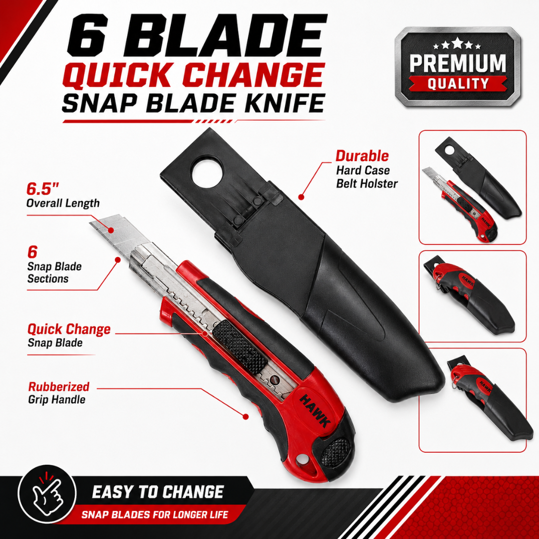 6-Blade Quick Change Snap Blade Utility Knife with Hard Case Belt Holster – PK-18170