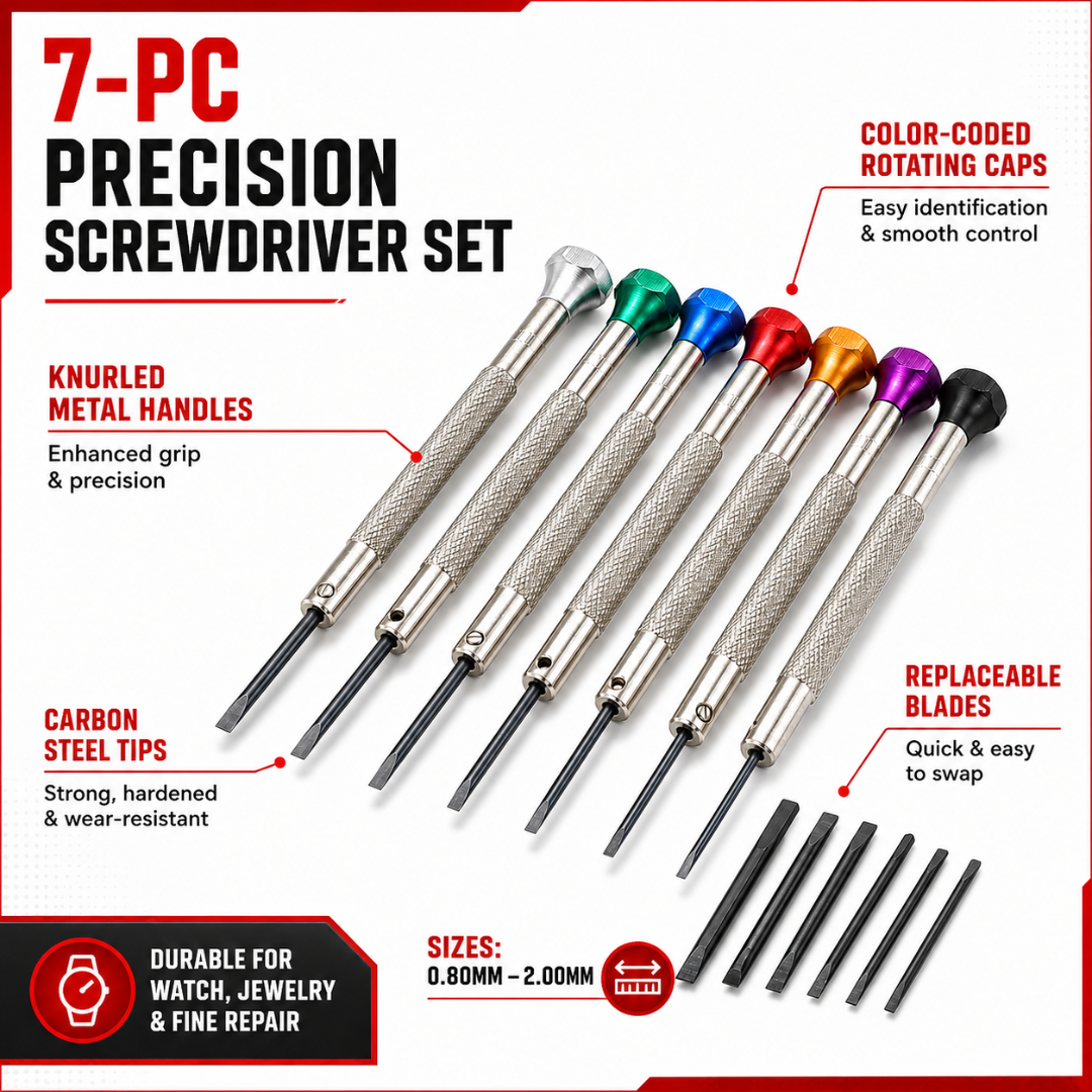 Flat Head Precision Screwdriver Set with Extra Replacement Blades & Vinyl Case – 7 Sizes, Carbon Steel Tips, Color Coded Mini Slotted Screwdrivers for Watches, Eyeglasses, Electronics & Fine Repair