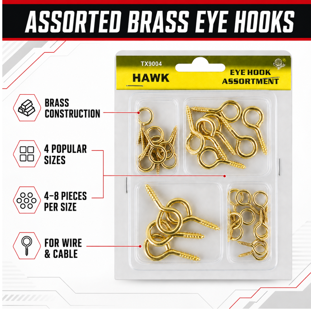 Assorted Brass Eye Hooks, 4-Size Screw Eye Hook Assortment for Wire, Cable, Hanging and DIY Projects, Easy-Store Compartment Package – HW-99004