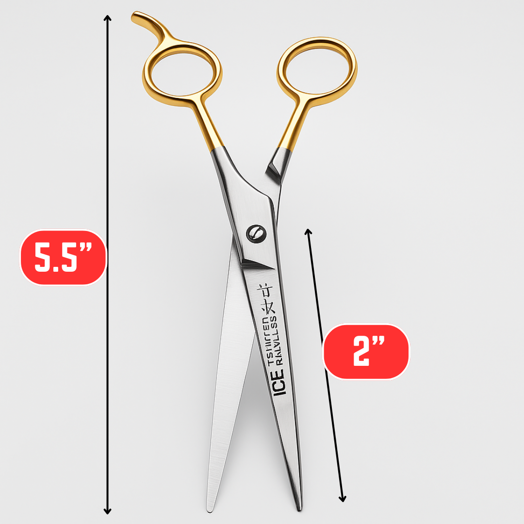 Professional Barber Scissors 5.5" – Ice Tempered Stainless Steel Hair Cutting Shears with Gold Finger Holes & Finger Lever – Sharp Salon & Home Haircutting Scissors