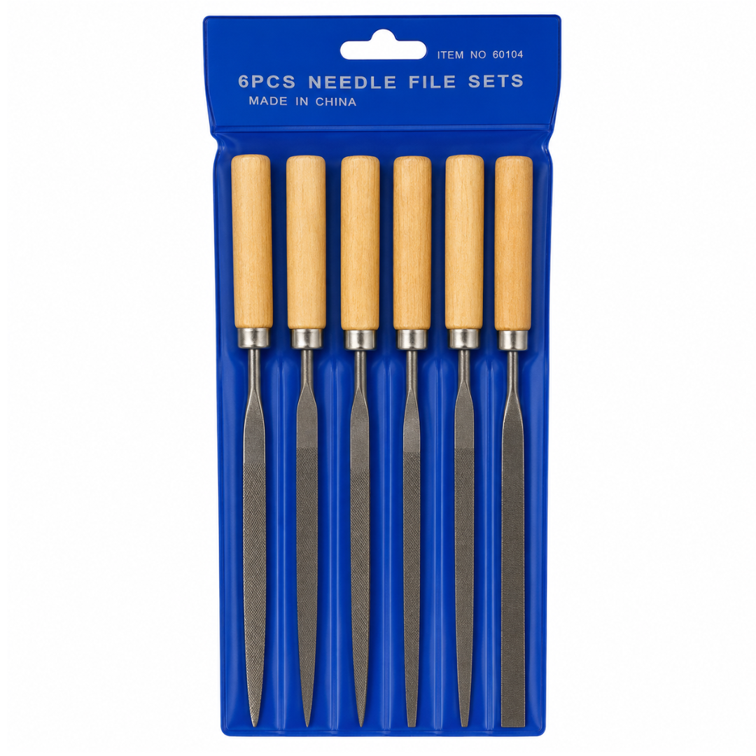 6 Piece Needle File Set, 160mm x 5mm High Carbon Steel Mini Files with Smooth Wooden Handles, Assorted Shapes for Woodworking, Jewelry, Crafts, Hobby, Deburring and Detail Filing