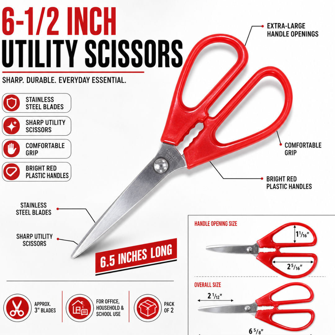 6.5-Inch Traditional Chinese Utility Scissors, Extra-Large Red Handles, Sharp Stainless Steel 3-Inch Blades for Paper, Fabric, Crafts, Office, Home and School, Pack of 2 – SC-59650-Z02