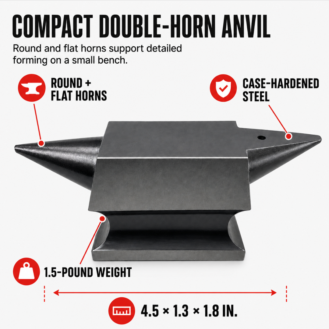 Small Double-Horn Anvil, 4.5 Inch Case-Hardened Steel Jewelry Anvil with Round and Flat Horns and Threaded Mounting Base – TJ01-98915