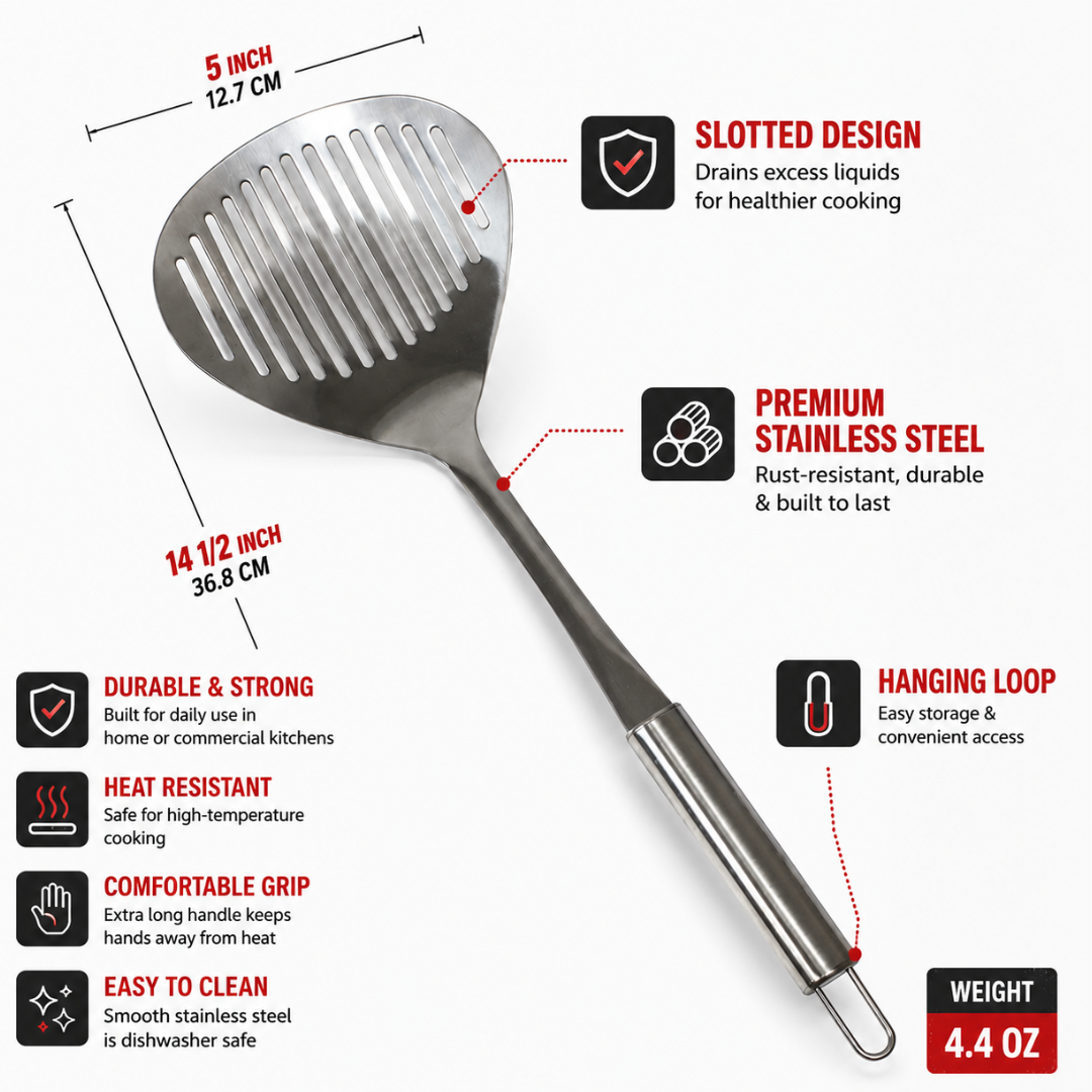 Stainless Steel Slotted Turner Spatula with Extra Long Handle, 14.5 Inch Kitchen Turner for Grilling, Frying & Large Pots, Heavy Duty Metal Cooking Utensil with Hanging Loop