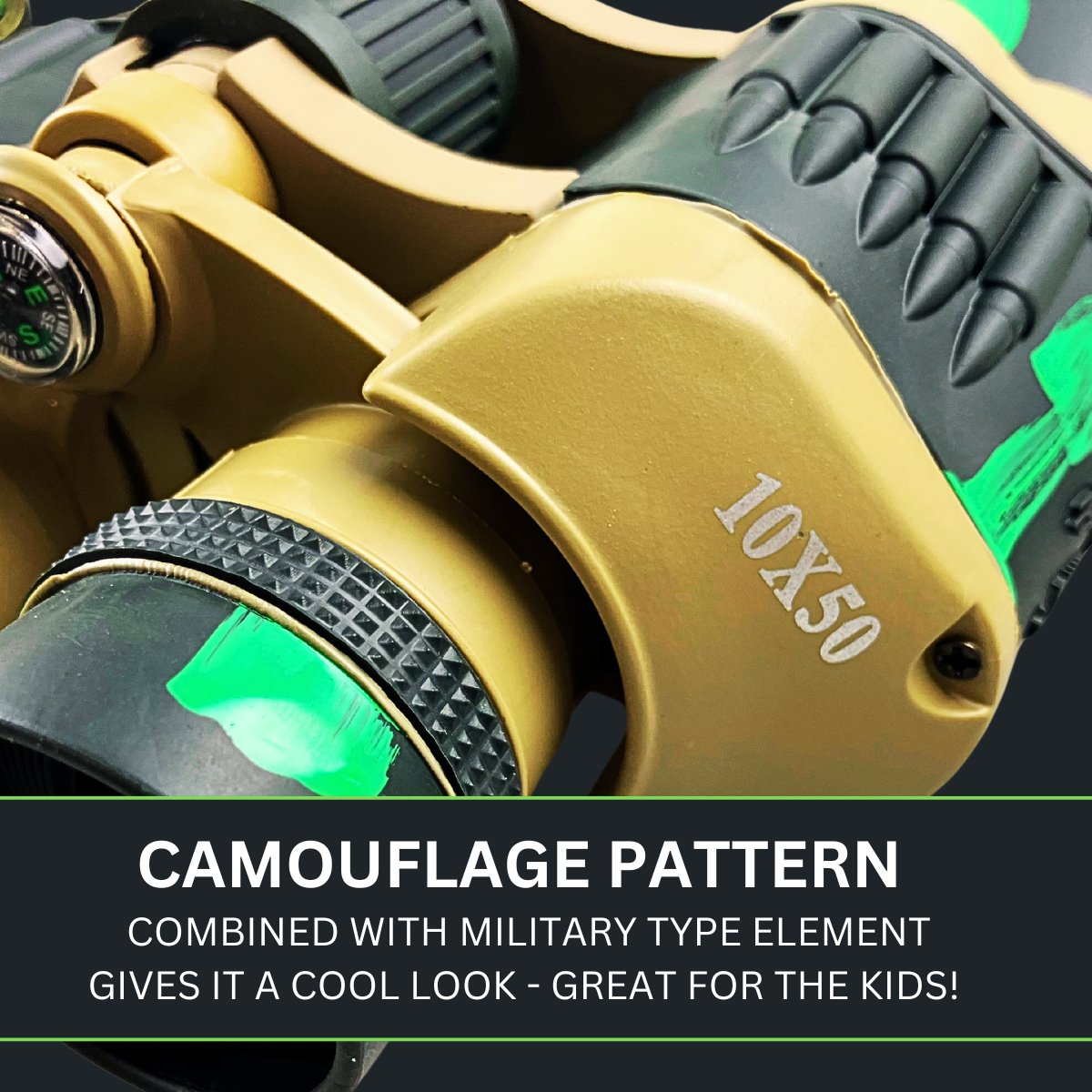 Green Camouflaged Body Amber Lens Binoculars with Mini Compass, 10x