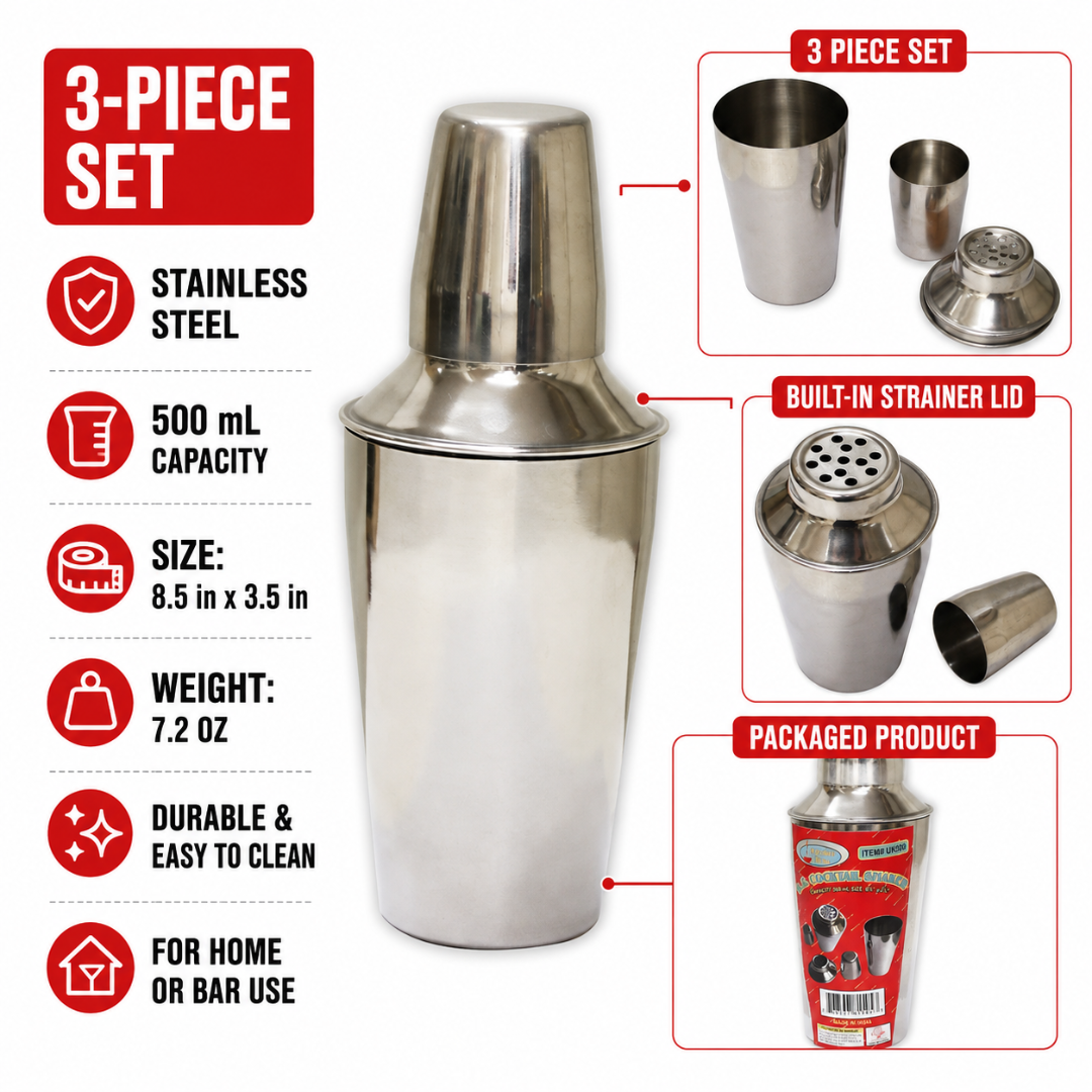 3 Piece Stainless Steel Cocktail Shaker Set, 500 mL Drink Mixer with Built-In Strainer Lid & Cap, Martini and Cocktail Shaker for Home Bar or Restaurant – U-81505