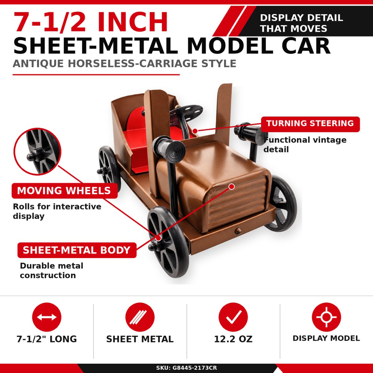 Antique Style Horseless Carriage Metal Model Car, 7.5 Inch Vintage Brown Decorative Vehicle with Red Seat, Black Headlights, Spoke Wheels & Moving Steering Wheel – Collectible Display Decor