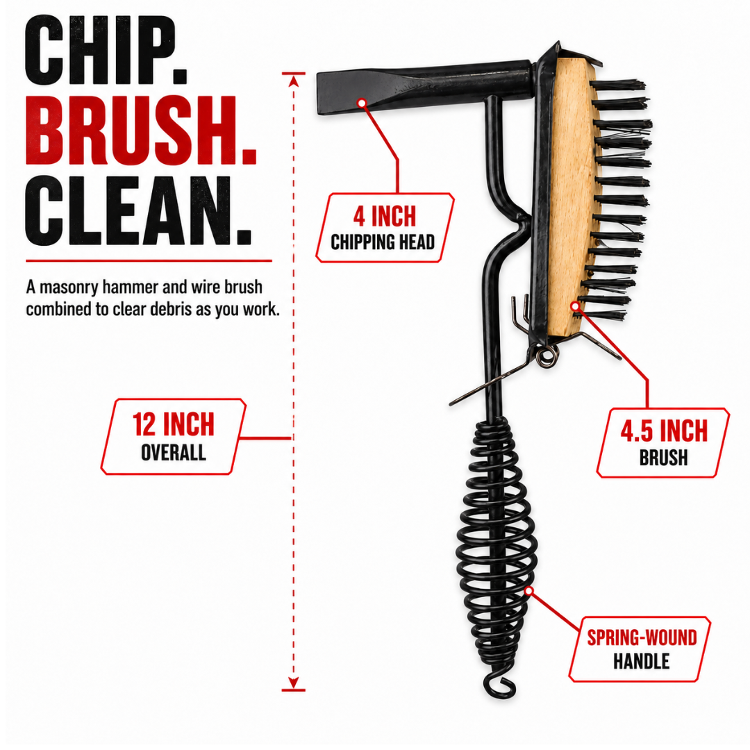 10.5" Solid Steel Chipping Hammer with 4.5" Wood Base Cleaning Brush  - LJAW-6641
