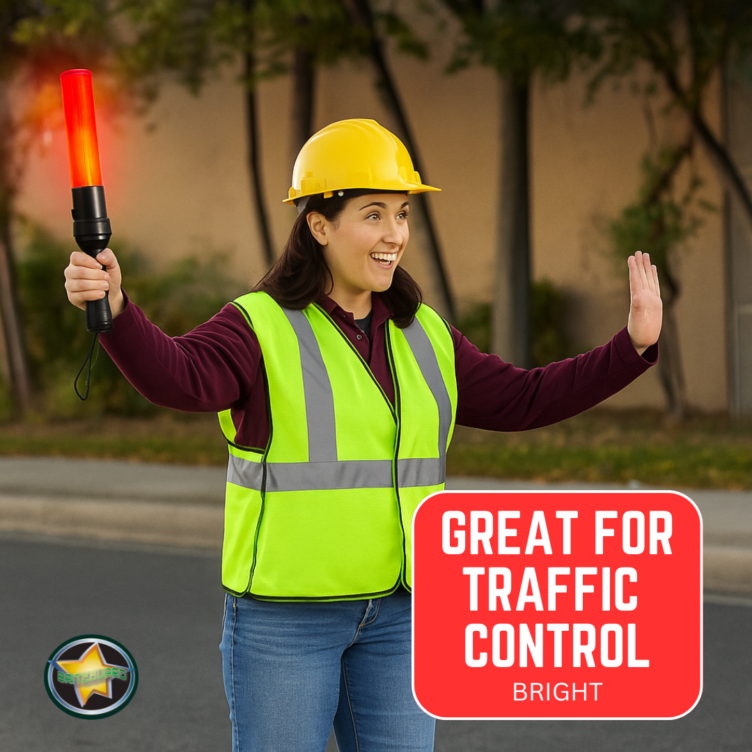 High Visibility Safety Traffic Baton – 14" Orange LED Wand with Flashing & Steady Modes, Black Handle, Carry Strap – For Road Work, Parking Lots & Traffic Contro