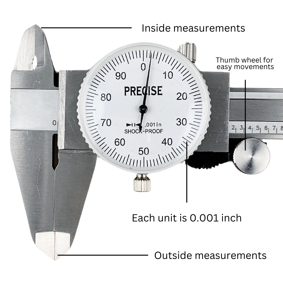 6" (15.24 cm) SAE Vernier Caliper | 0.001" Accuracy | Shockproof Dial | Stainless Steel | Satin Chrome Finish | 4-Way Measurement