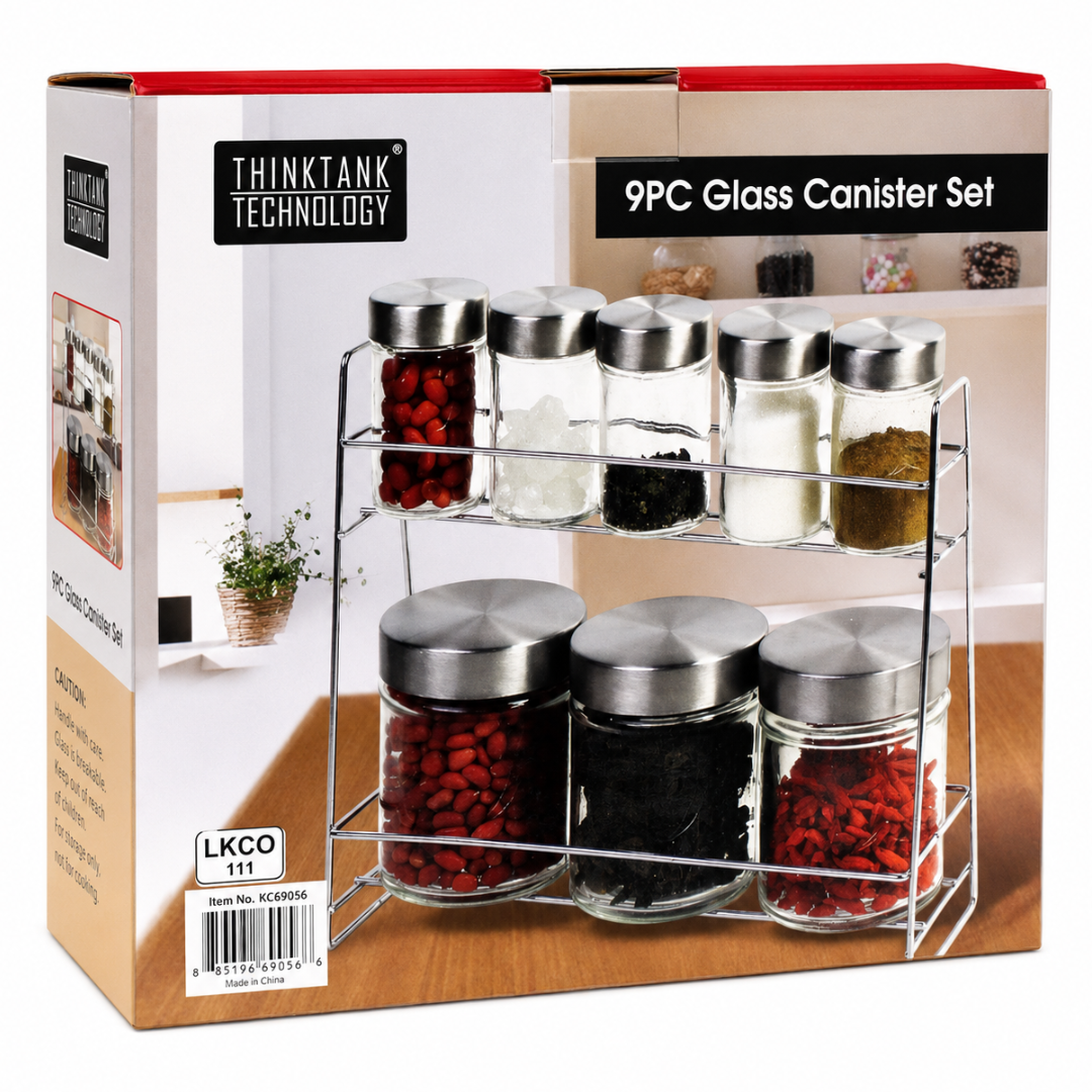 9-Piece Glass Canister Set with Stainless Steel Screw-On Lids & 2-Tier Display Rack – 8 Clear Food Storage Jars for Spices, Coffee, Sugar, Tea & Snacks – LKCO-69056