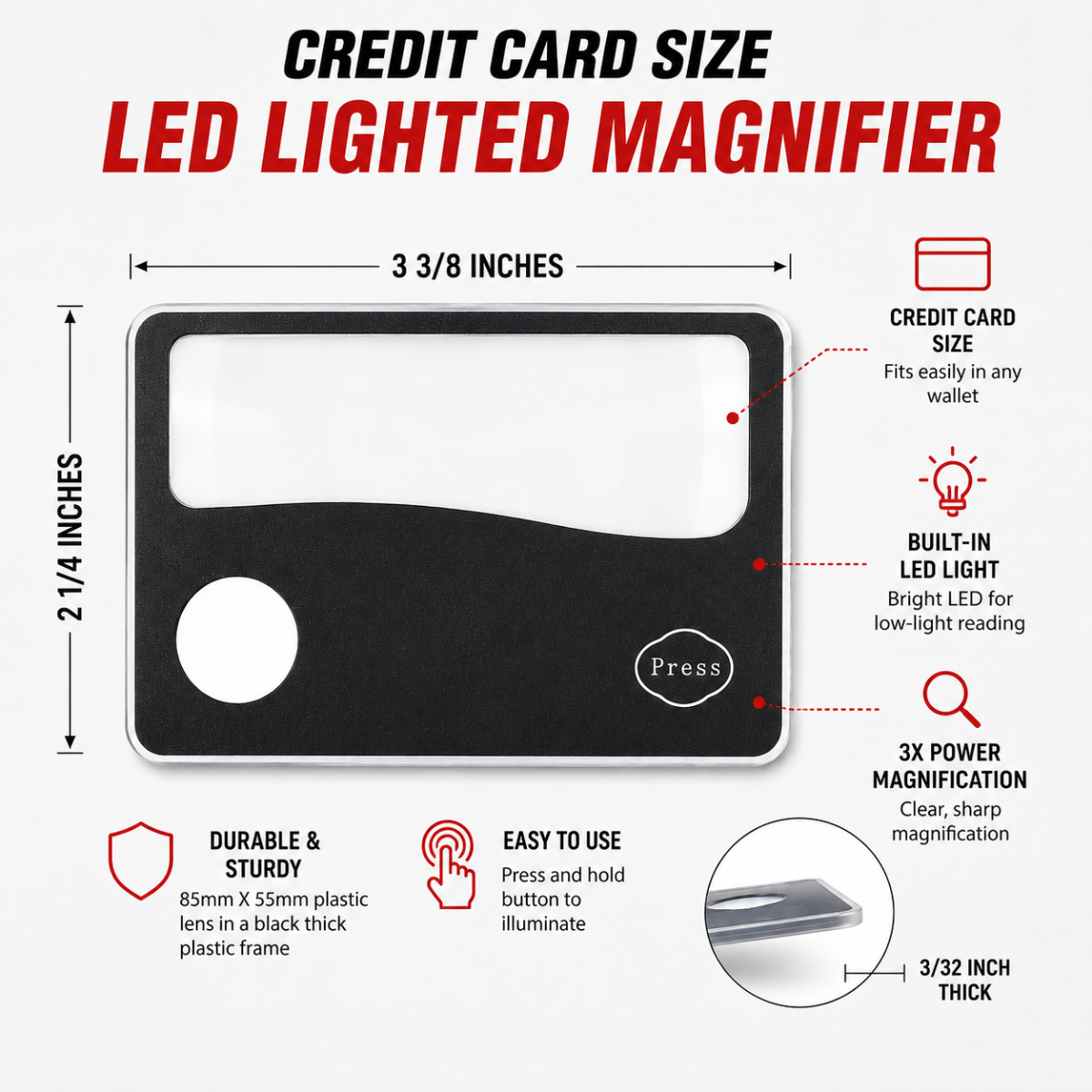 LED Illuminated Wallet Size Magnifier, 3X Credit Card Reading Magnifier with Light, Black Plastic Pocket Magnifying Lens for Menus, Price Tags, Labels, Fine Print – MG-90554