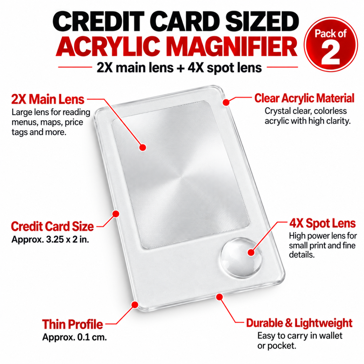2X/4X Credit Card Size Acrylic Pocket Magnifiers – Wallet Reading Lenses (Pack of 2) – MG-13411-Z02