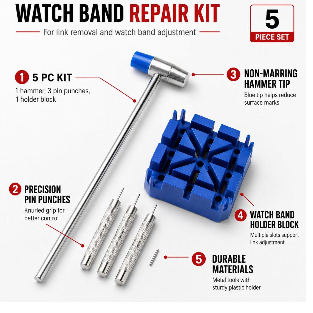 HTS Watch Band Repair Kit - 5 Piece Watch Link Removal Tool Set with Hammer, Pin Punches & Holder Block for Watch Band Adjustment and Bracelet Repair