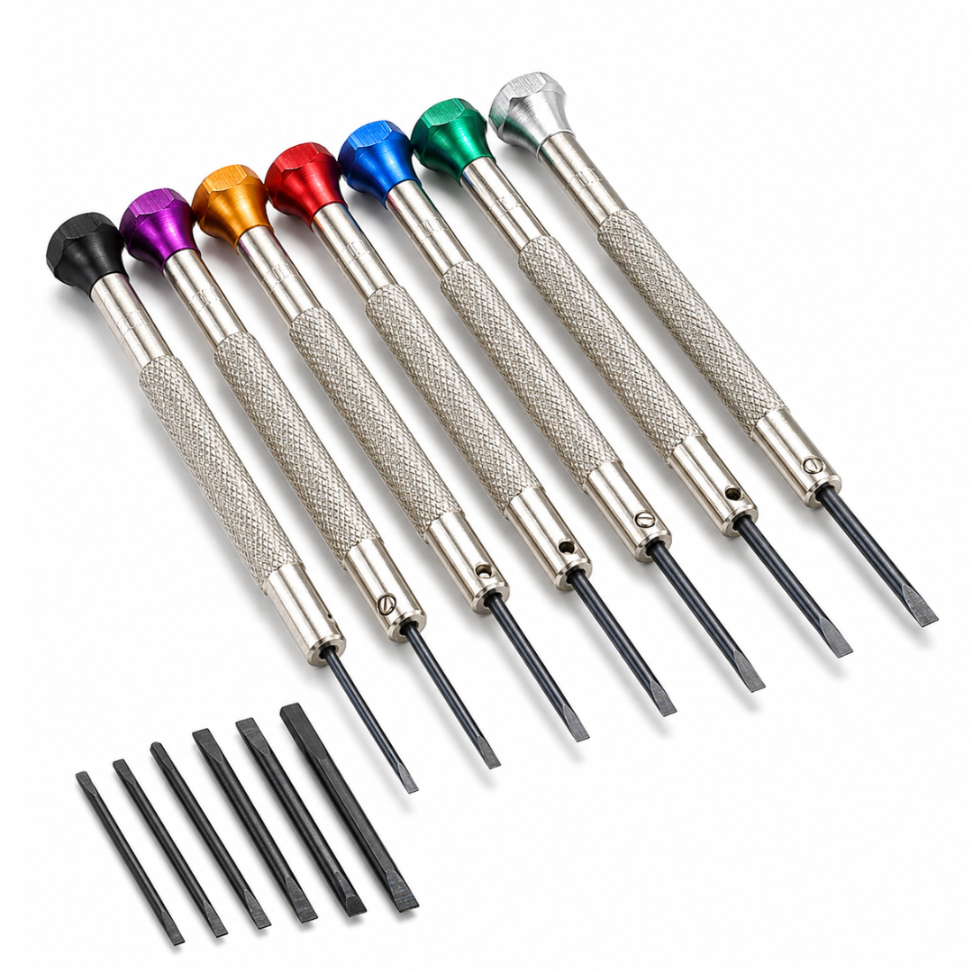 Flat Head Precision Screwdriver Set with Extra Replacement Blades & Vinyl Case – 7 Sizes, Carbon Steel Tips, Color Coded Mini Slotted Screwdrivers for Watches, Eyeglasses, Electronics & Fine Repair