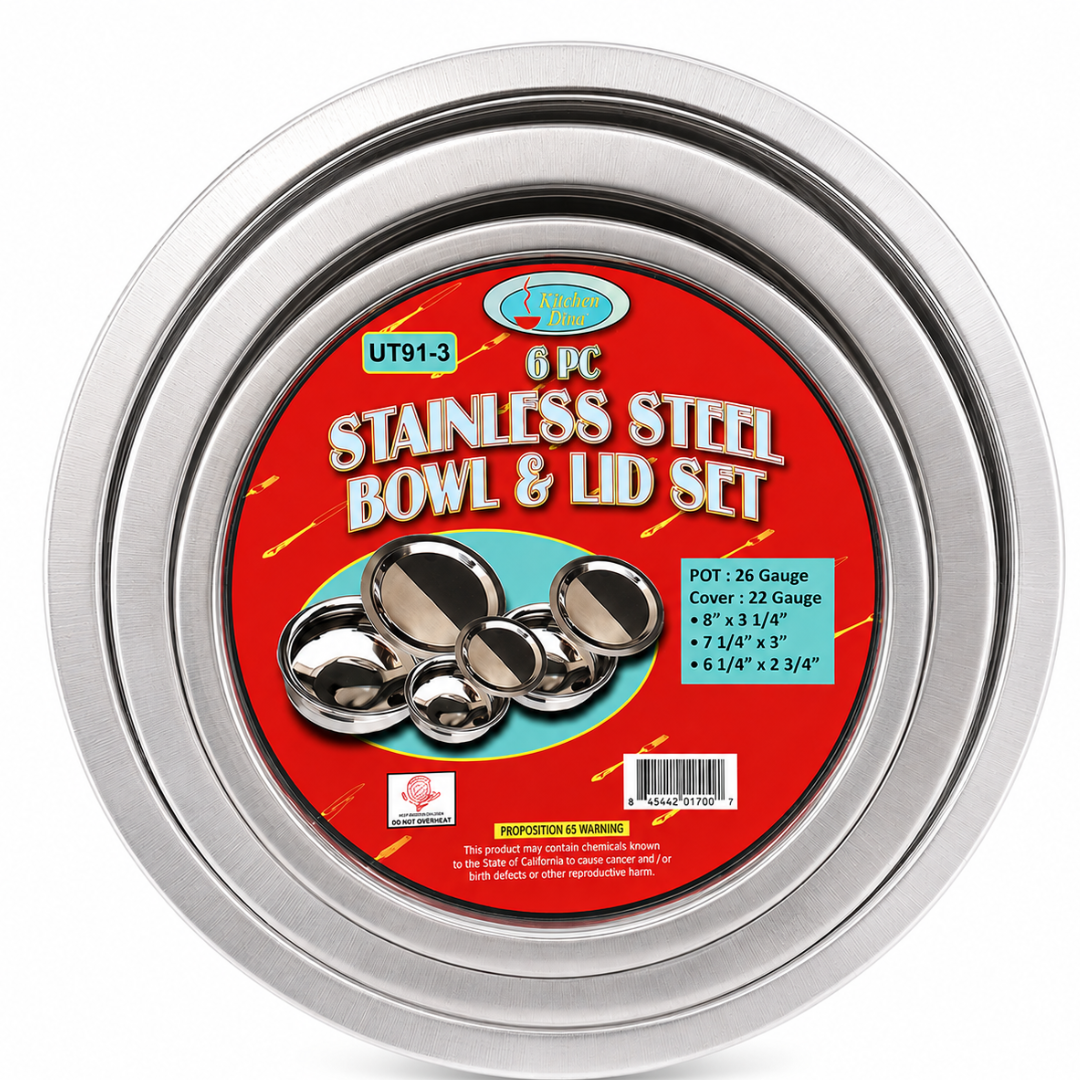 6 Piece Stainless Steel Bowl & Lid Set, 3 Graduated Food Prep & Serving Bowls with Flat Serving Lids, Stackable Kitchen Bowl Set, 8", 7.25" & 6.25" – UT91-3