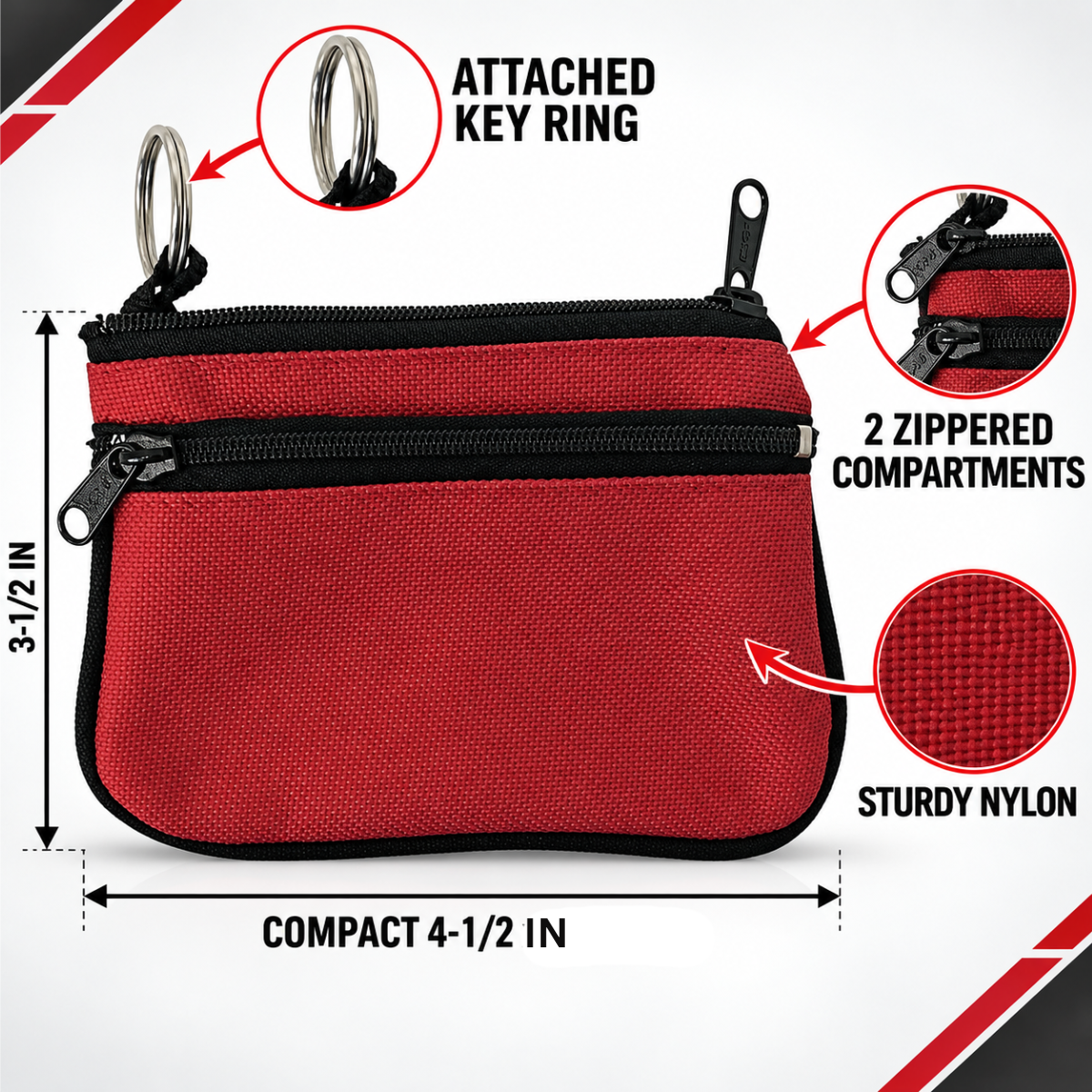 Red and Black Double-Zipper Coin Purse with Key Ring, Compact Nylon Organizer Pouch, 4.5 x 3.5 Inches – GB-11868RD
