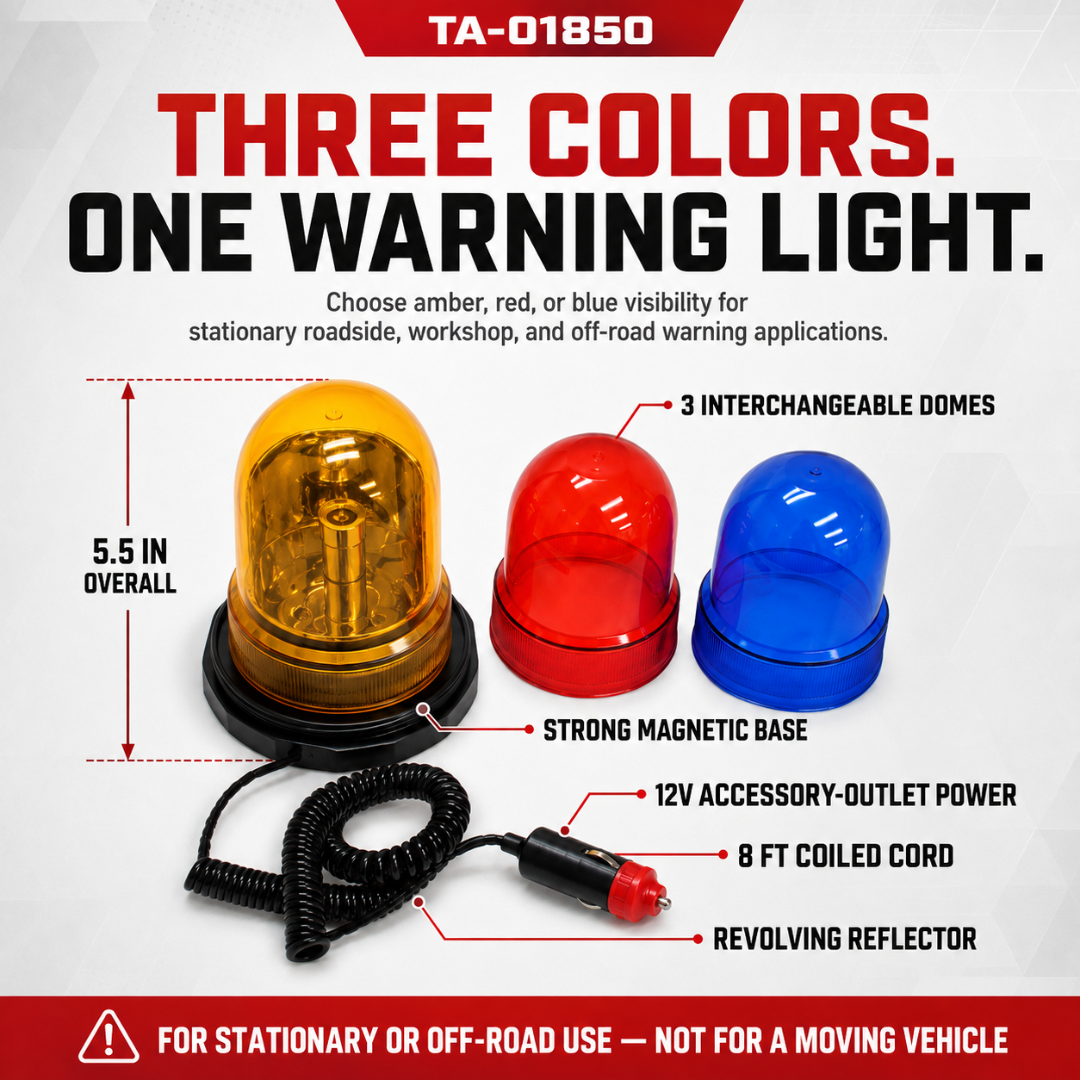 12V Revolving Warning Light with Magnetic Base, Red Blue and Amber Interchangeable Domes, 8-Foot Coiled Cord for Roadside and Off-Road Use
