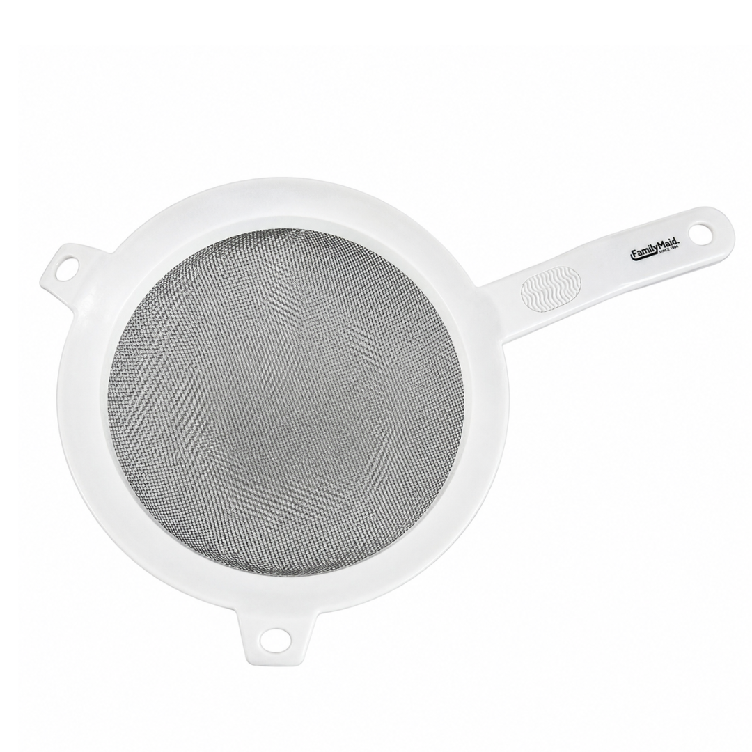 Heavy Duty Kitchen Strainer, Fine Stainless Steel Mesh Sieve with Comfort-Grip Handle and Pot Rest Tabs, Fits 6–8 Inch Pots, for Pasta, Fruits and Vegetables, White, 1 Pack