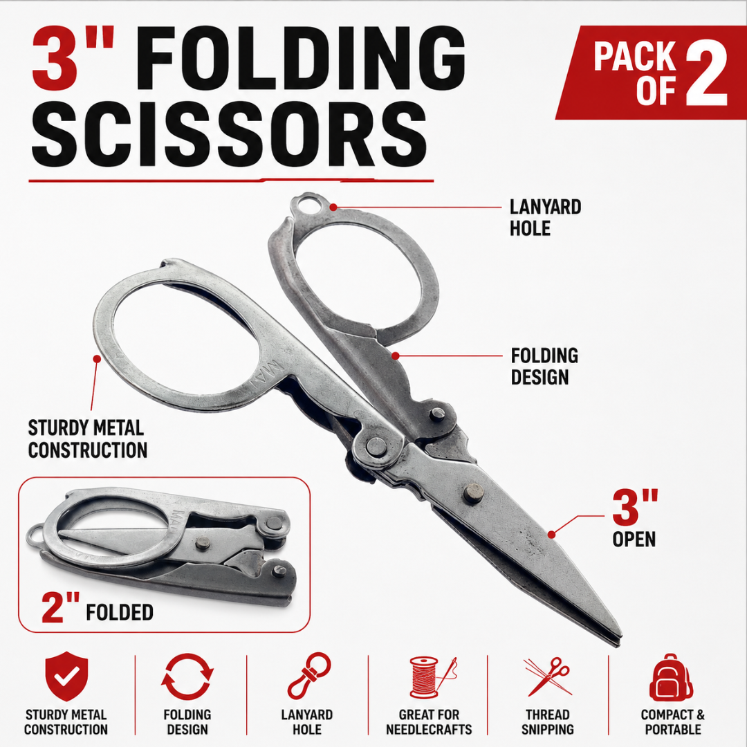 3" Folding Scissors for Needlecrafts & Sewing, Pack of 2, Compact Metal Thread Snips with Lanyard Hole, Portable Mini Scissors for Crafts, Sewing, Quilting & Travel