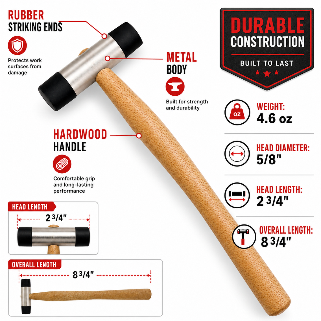 4.8 oz Black Nylon Double Headed Hammer, 9-1/2 Inch Jeweler’s Craft Hammer with Steel Frame and Solid Wood Handle, 5/8 Inch Non-Marring Striking Faces for Jewelry, Metalwork, Crafts, and Bench Work