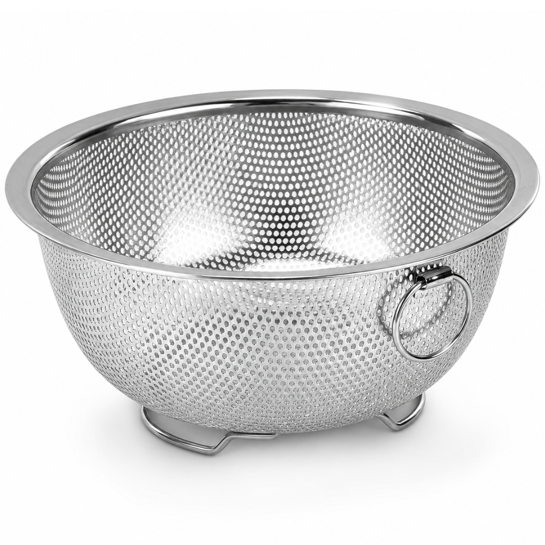 8 Inch Perforated Metal Colander & Strainer, 4 Inch Base with Raised Stand and Ring Handle, Lightweight Kitchen Strainer for Pasta, Fruits, Vegetables & Steaming – U-73318
