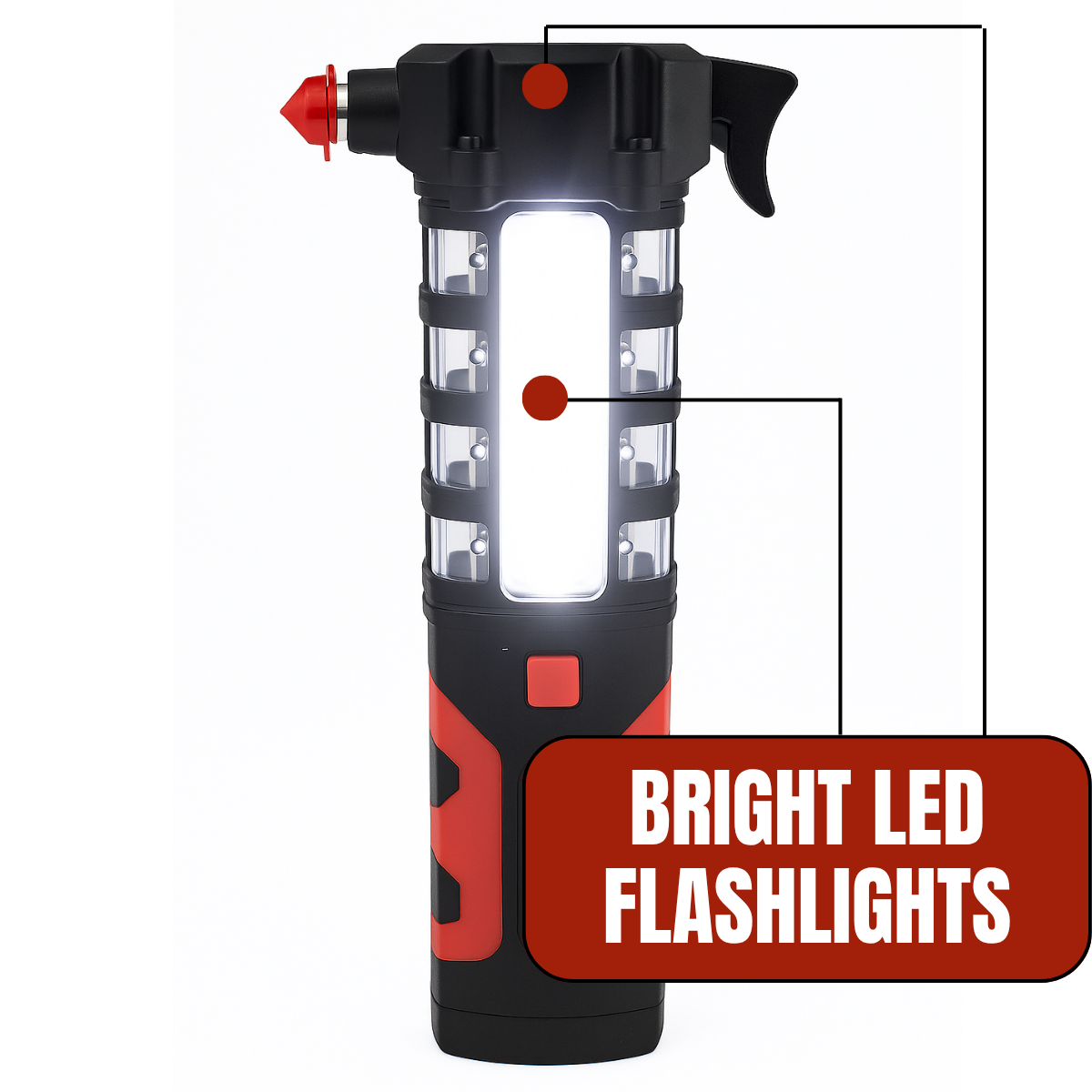 Auto Emergency Work Light with Magnetic Base, Hammer & Seat Belt Cutter – 1W Torch, 3W COB Spotlight & Flashing Red Warning Light – PH580-FL