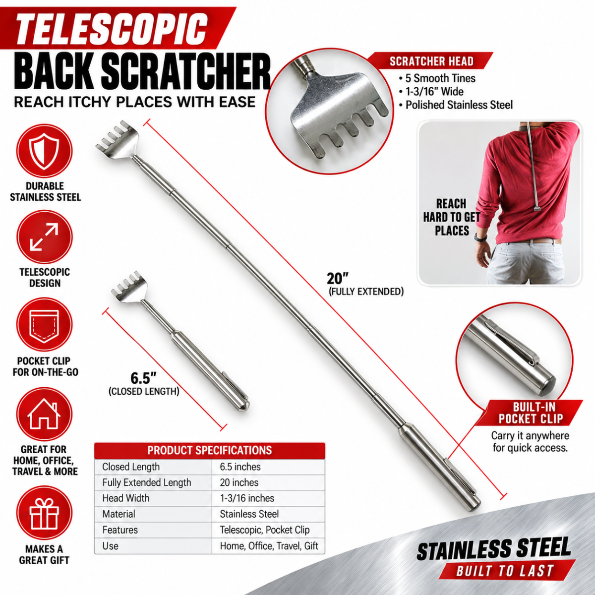 Telescoping Stainless Steel Back Scratcher, 6.5" to 20" Extendable Portable Back Scratcher with Pocket Clip – S1-08873