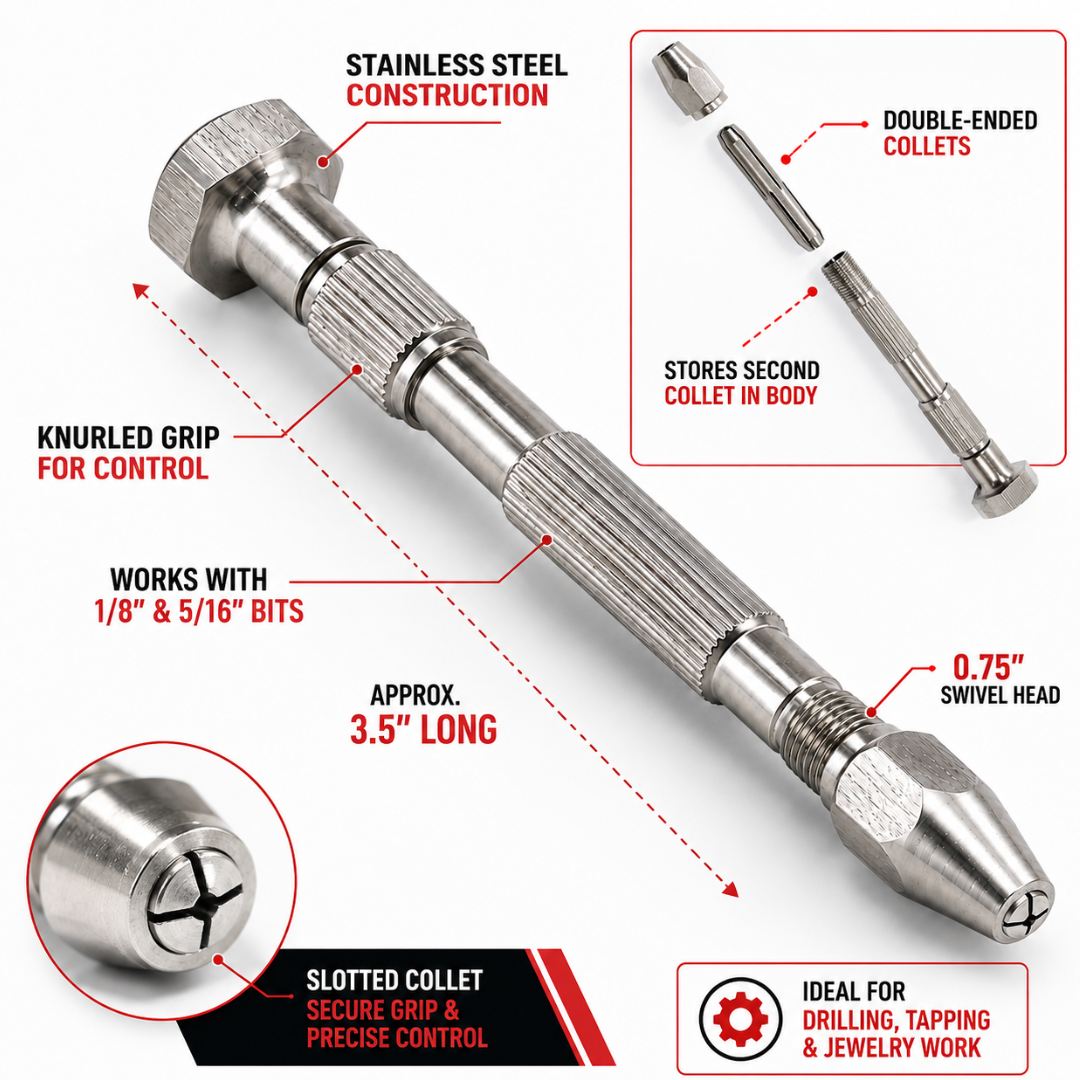 Hand Pin Vise Drill, Stainless Steel Mini Precision Drill Tool with 2 Double-Ended Collets, Knurled Grip & Swivel Head, Holds 1/8" and 5/16" Bits for Jewelry Making, Crafts, Model Work & Tapping