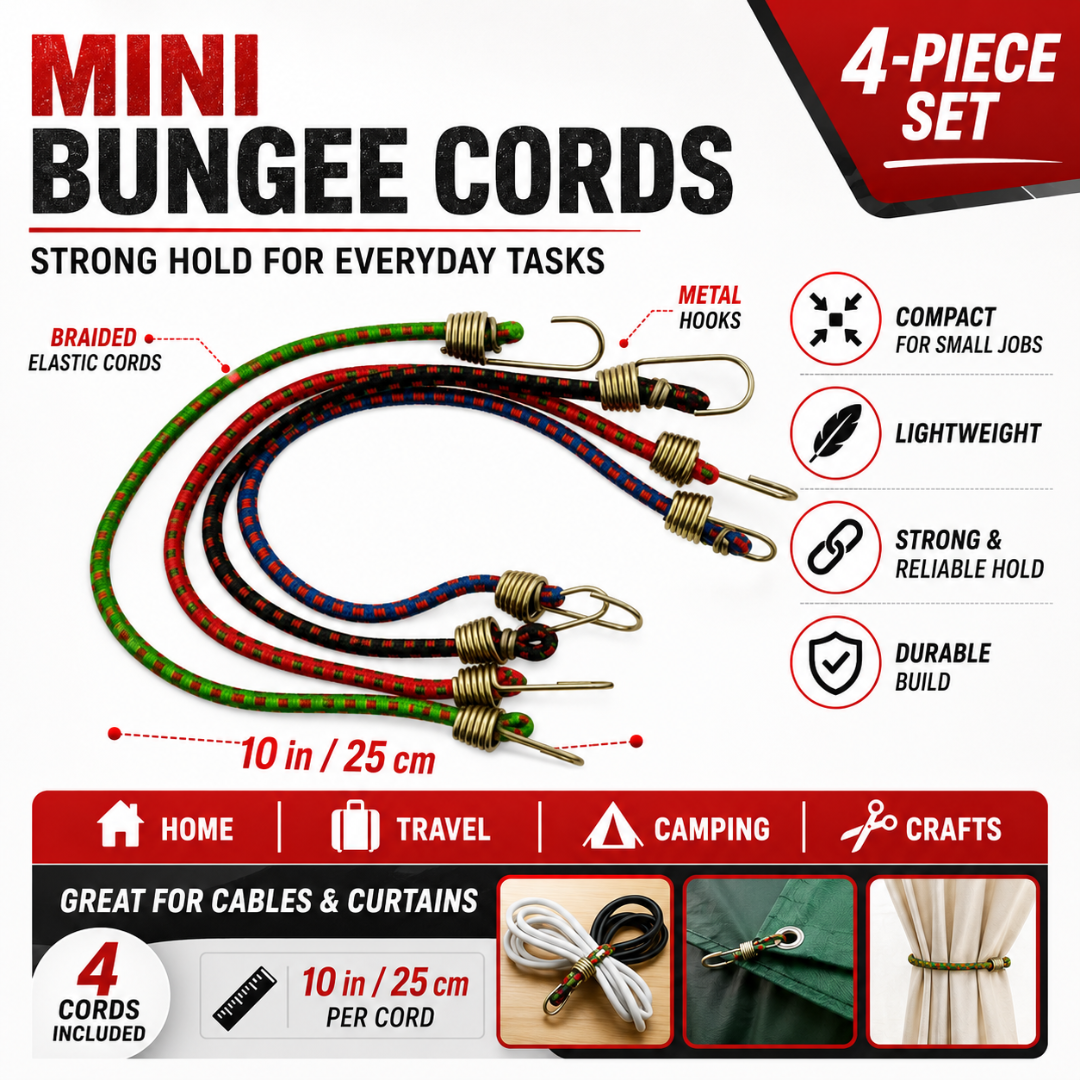 Mini Bungee Cords 10 Inch, 4-Piece Assorted Color Elastic Tie-Down Cords with Hooks for Cables, Travel, Camping, Crafts & Light-Duty Organization, Pack of 2