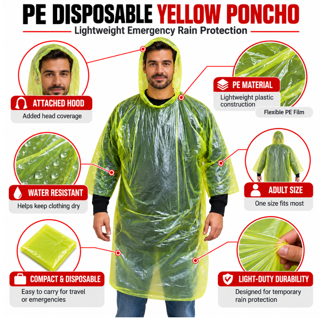 Disposable Yellow Rain Ponchos with Hood – 2 Pack, Lightweight PE Plastic Emergency Raincoat, Waterproof, Compact & Portable Rain Protection for Adults, Travel, Camping, Hiking & Outdoor Events