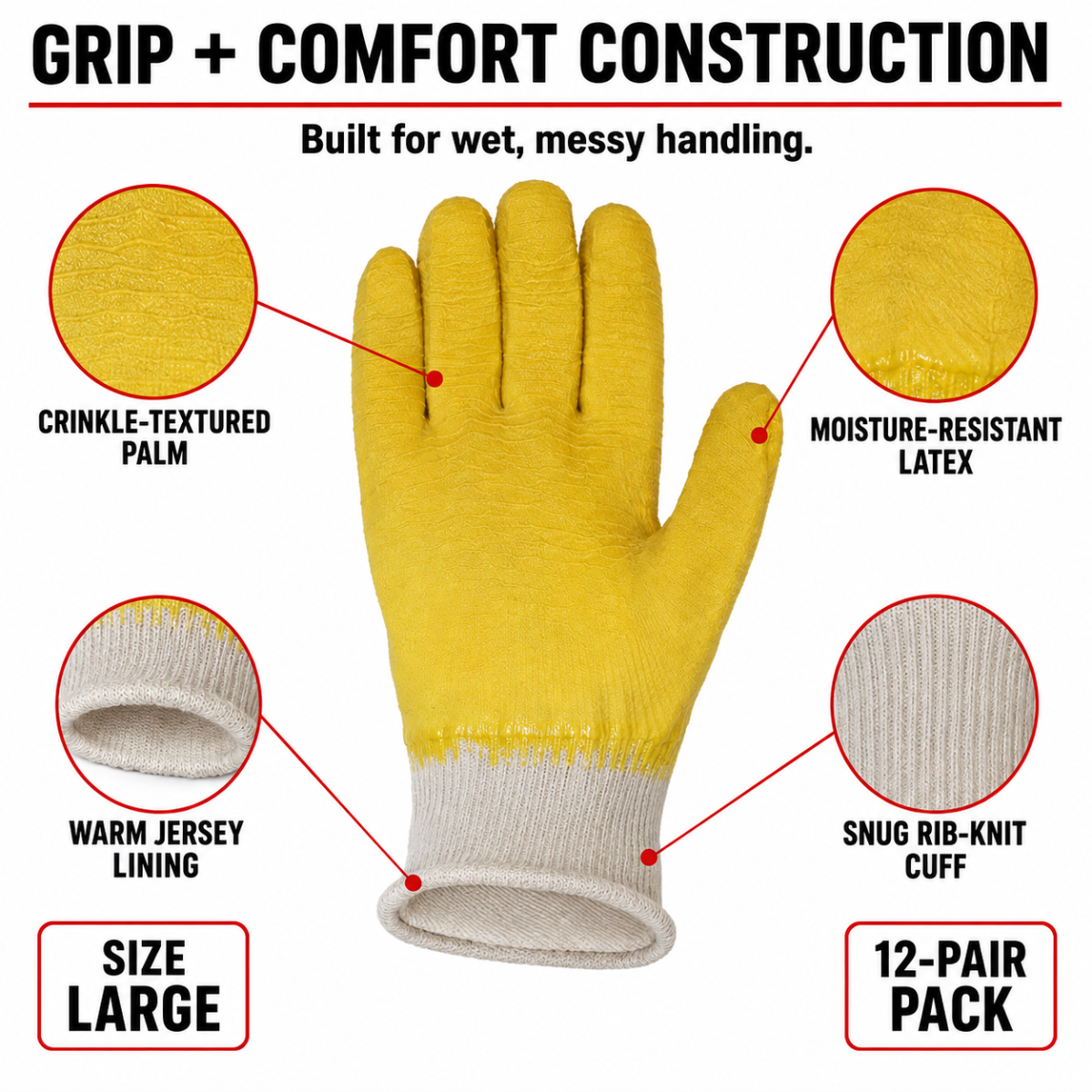 Crinkle Finish Latex Coated Work Gloves with Jersey Lining & Knit Wrist - Large (Pack of 12) - GL-19700-Z12