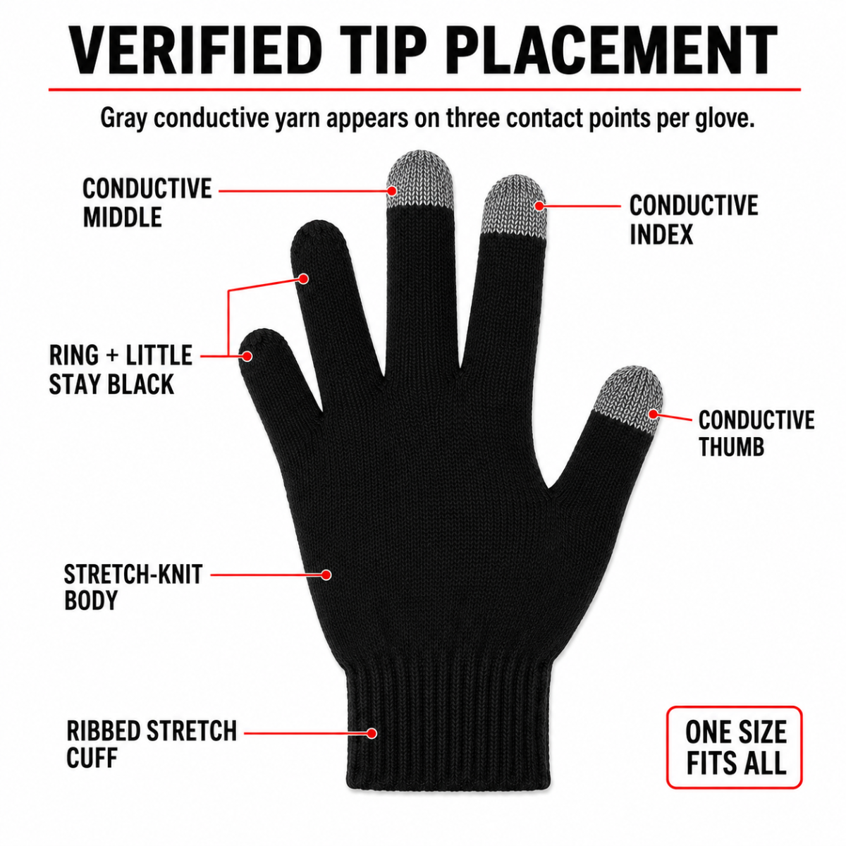 Touchscreen Gloves with Conductive Fingertips – One Size Fits Most - GL-00548