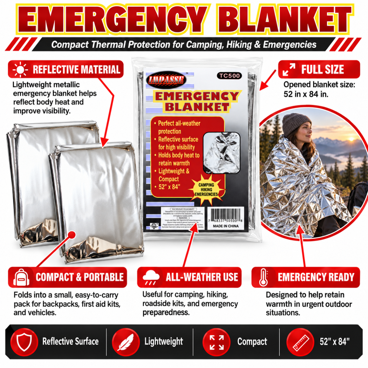 Reflective Emergency Thermal Blanket, 52 x 84 Inch, Compact 3 x 4 Inch Folded Size (Pack of 2) - CAM-50500-Z02