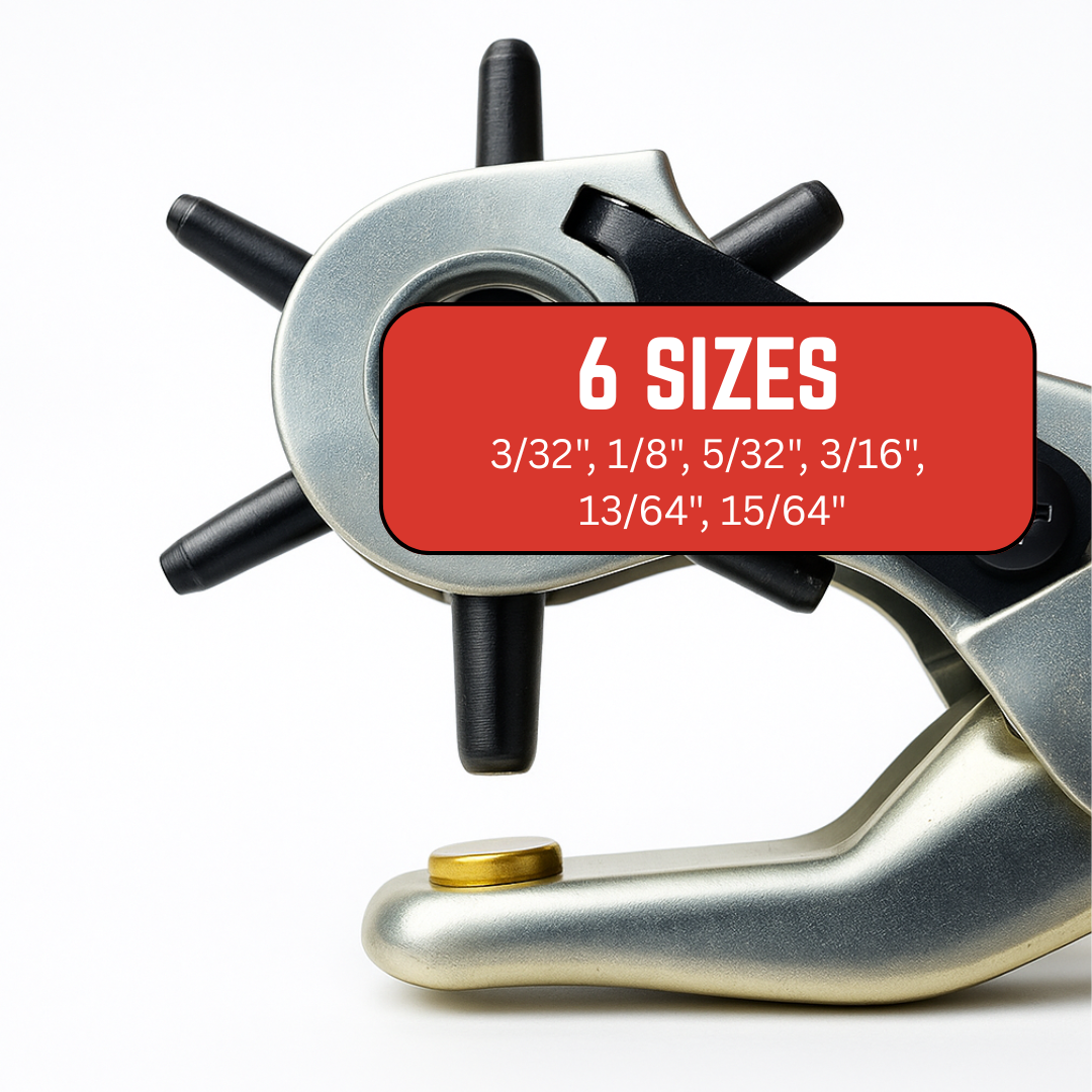 Leather Hole Punch Tool – 6 Sizes (2.5–6mm) | Nickel Plated with Brass Anvil & Comfortable Vinyl Grip – Ideal for Belts, Bags, Straps & Crafts