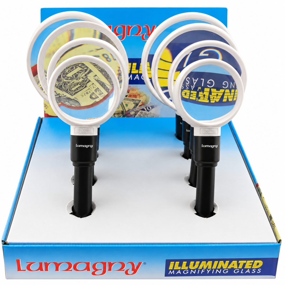 8-Piece Handheld Magnifier Display Set – 4 Lens Sizes: 2", 2.5", 3" & 3.5" – Glass Lenses with 2X/4X and 2.5X/5X Magnification – Countertop Retail Display – MP-28275