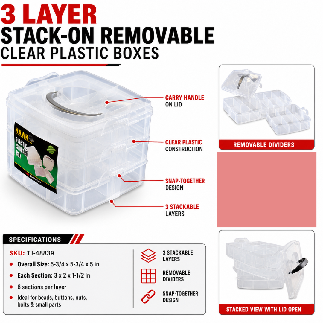 3 Layer Stack-On Clear Plastic Storage Box with Removable Dividers, Portable Small Parts Organizer with Handle for Beads, Crafts, Screws, Nuts, Bolts, Washers – TJ-48839