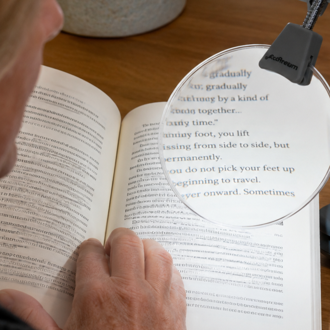 Compact 2.5-Inch Clip-On LED Magnifier Lamp, 2X Hands-Free Reading Magnifying Glass with Dual Gooseneck Lights, Book & Clipboard Clip Magnifier, Portable Travel Reading Light