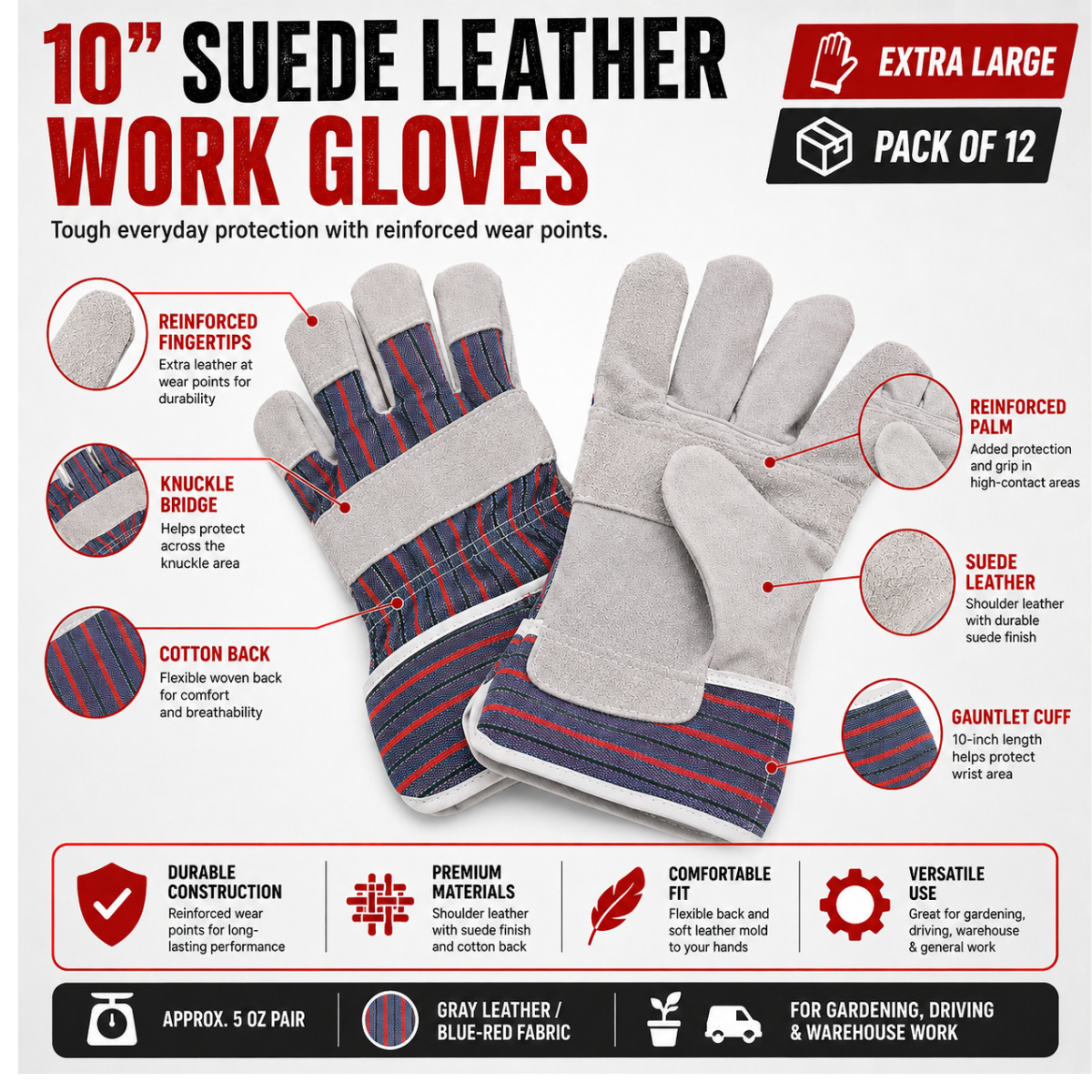 Men's Suede Leather Work Gloves, 10 Inch Gauntlet Cuff, Reinforced Palm & Fingertips, Extra Large, Gray/Blue/Red - 12 Pairs - GL-45021-Z12