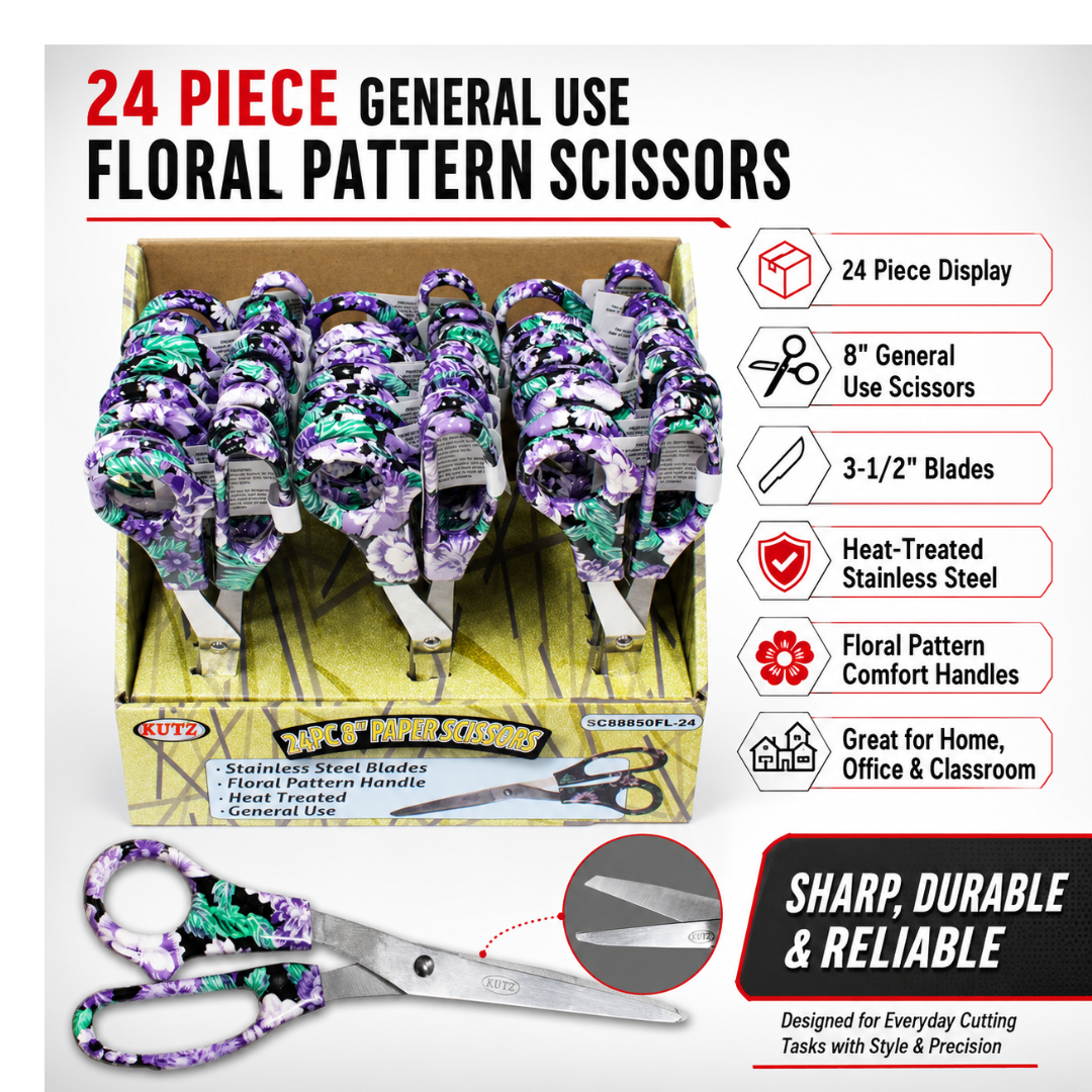 24 Piece 8 Inch Floral Pattern Scissors Display Box, General Purpose Stainless Steel Scissors with Comfortable Plastic Handles for Home, Office, Classroom, Crafting and Retail Counter Display