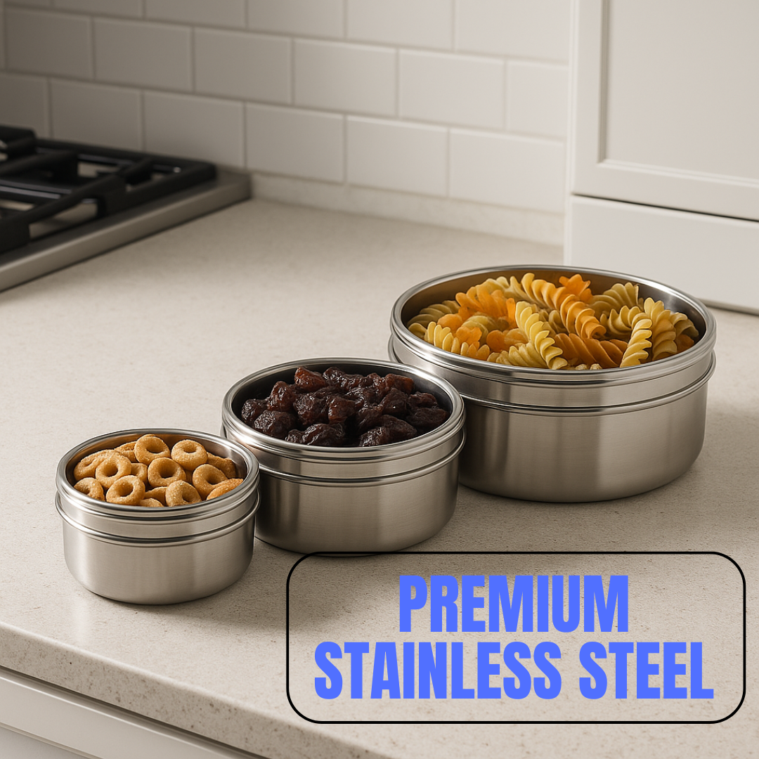 3-Piece Stainless Steel Kitchen Canister Set with Clear Airtight Lids – Large Round Food Storage Containers for Cookies, Snacks, Flour & Dry Goods – Scratch-Resistant, Nesting Design – U-88015