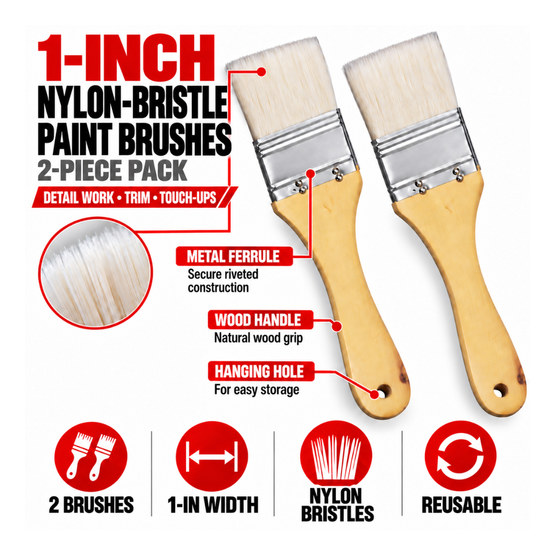 1" Nylon Bristle Paint Brushes with Flat Wooden Handles, 8" Long, Reusable for Paint, Varnish, Trim & Detail Work, 2-Pack - TZ-63310-Z02