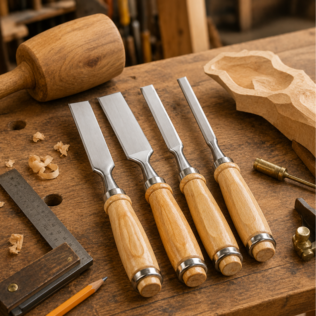 WEDGE 9 Inch 4 Piece Wood Chisel Set with Wooden Handles – Steel Blade Chisels for Woodworking, Carving, Hobby, Student and Light-Duty Use, TZ02-17440