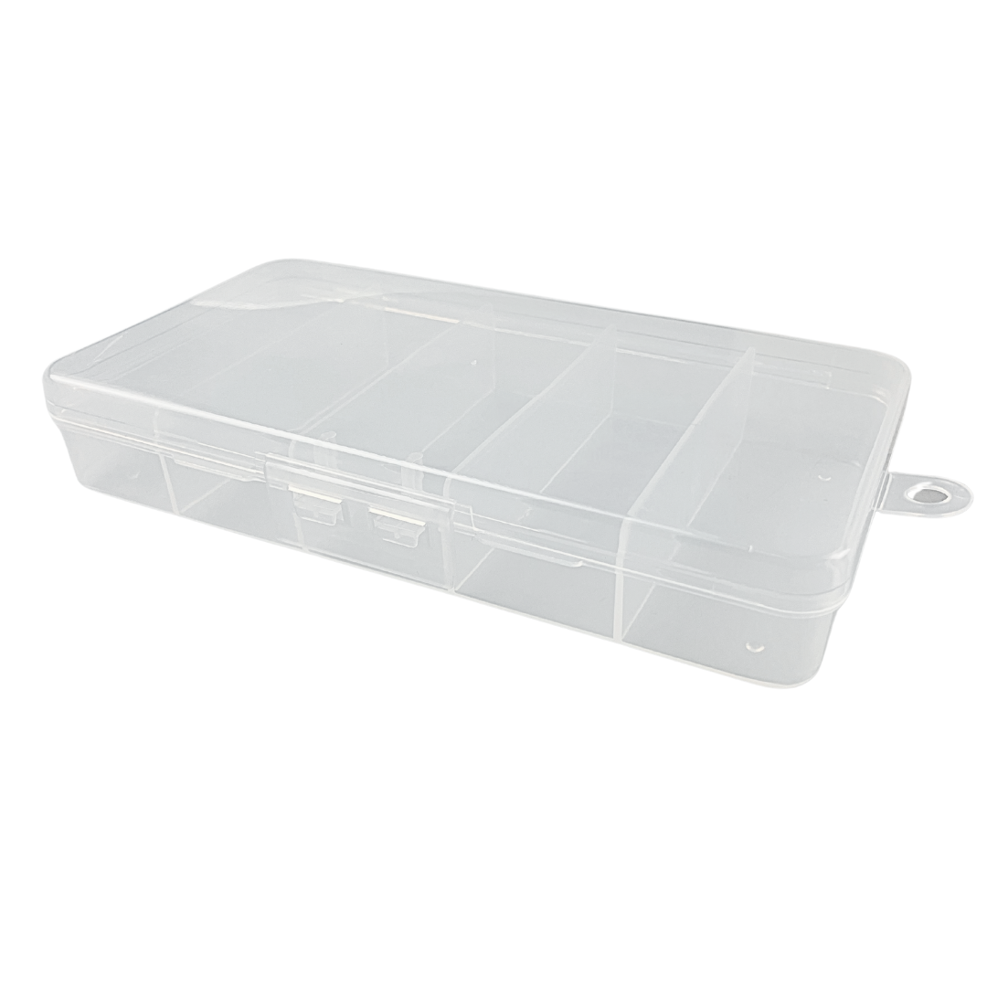 2 Pack Clear Plastic Boxes | 5 Compartments Each | 1.25" x 3.5" Sections | 3.5" x 7" Overall Size | Versatile Home Organizer with Hanging Hook