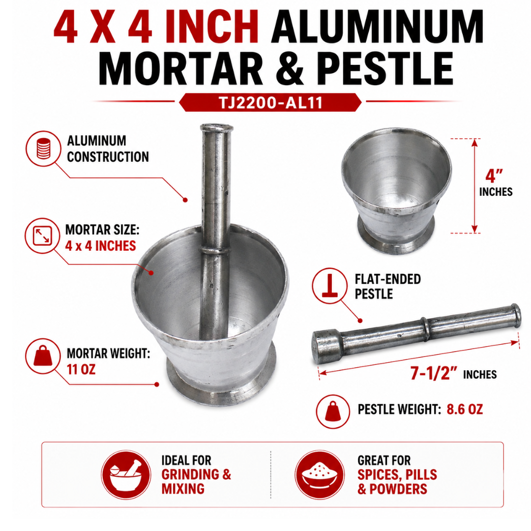4 x 4 Inch Aluminum Mortar and Pestle Set – 7.5 Inch Flat-Ended Pestle – Heavy-Duty Grinding & Crushing Bowl for Spices, Herbs, Laboratory and Workshop Use