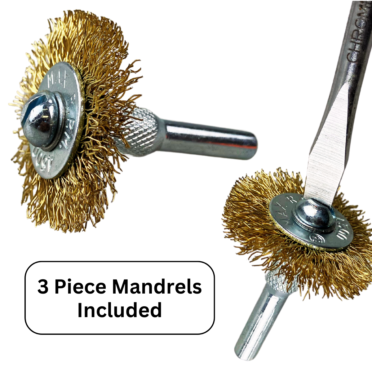 5-Pc Brass Wire Wheel Set | 1" to 3" (2.54 cm to 7.62 cm) Diameter | Includes 3 Shanks | for Standard Drills