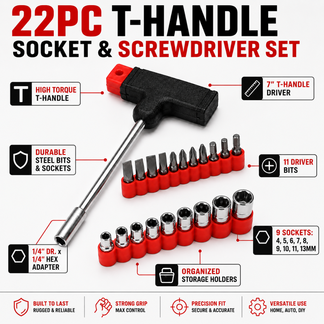 T-Handle Socket & Screwdriver Bit Set, 21 Piece Steel Tool Kit with 9 Metric Sockets, Phillips, Slotted & Star Bits, Magnetic Tip Handle, Red Storage Holder