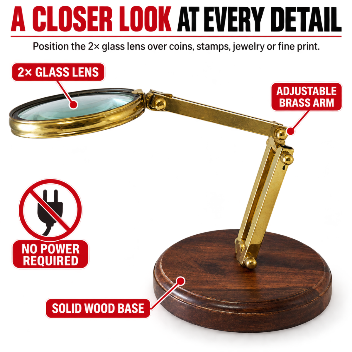 2X Adjustable Tabletop Magnifier with 3½-Inch Glass Lens, Brass Arm and 5½-Inch Solid Wood Base