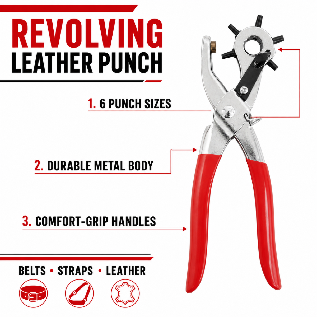 Revolving Leather Hole Punch Pliers with 6-Size Rotating Head, Heavy-Duty Metal Body and Comfort-Grip Handles for Belts, Purse Straps and Leather Crafts
