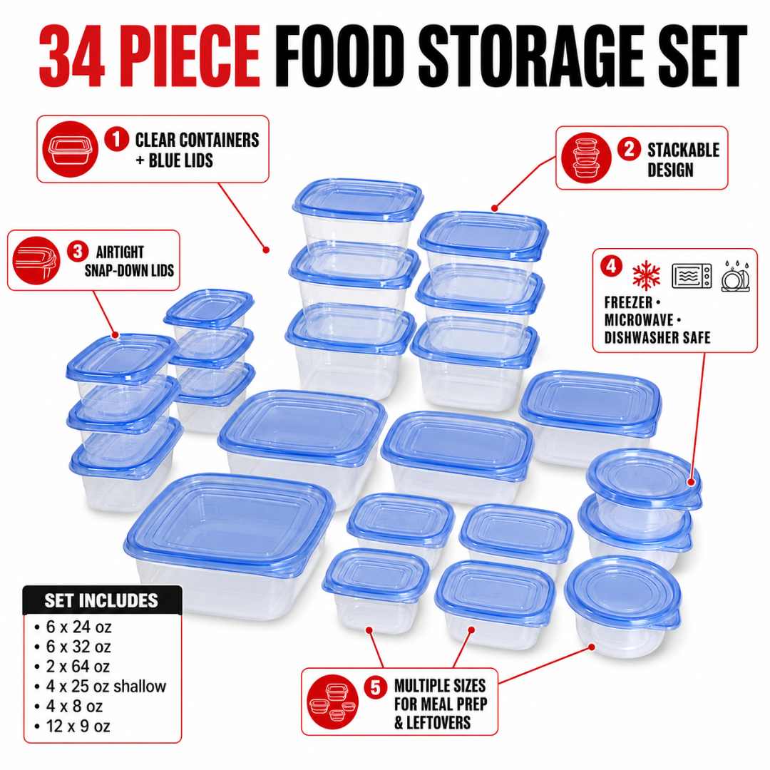 34 Piece Food Storage Container Set with Lids – Clear Stackable Plastic Containers – Assorted Sizes for Refrigerator, Freezer, Microwave & Dishwasher